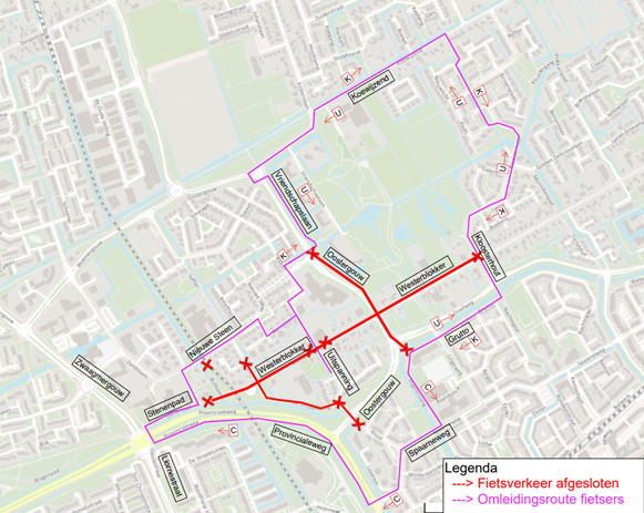Een overzichtskaart met de afsluiting van het fietspad langs de Oostergouw. Met de omleidingsroutes K, U en C.